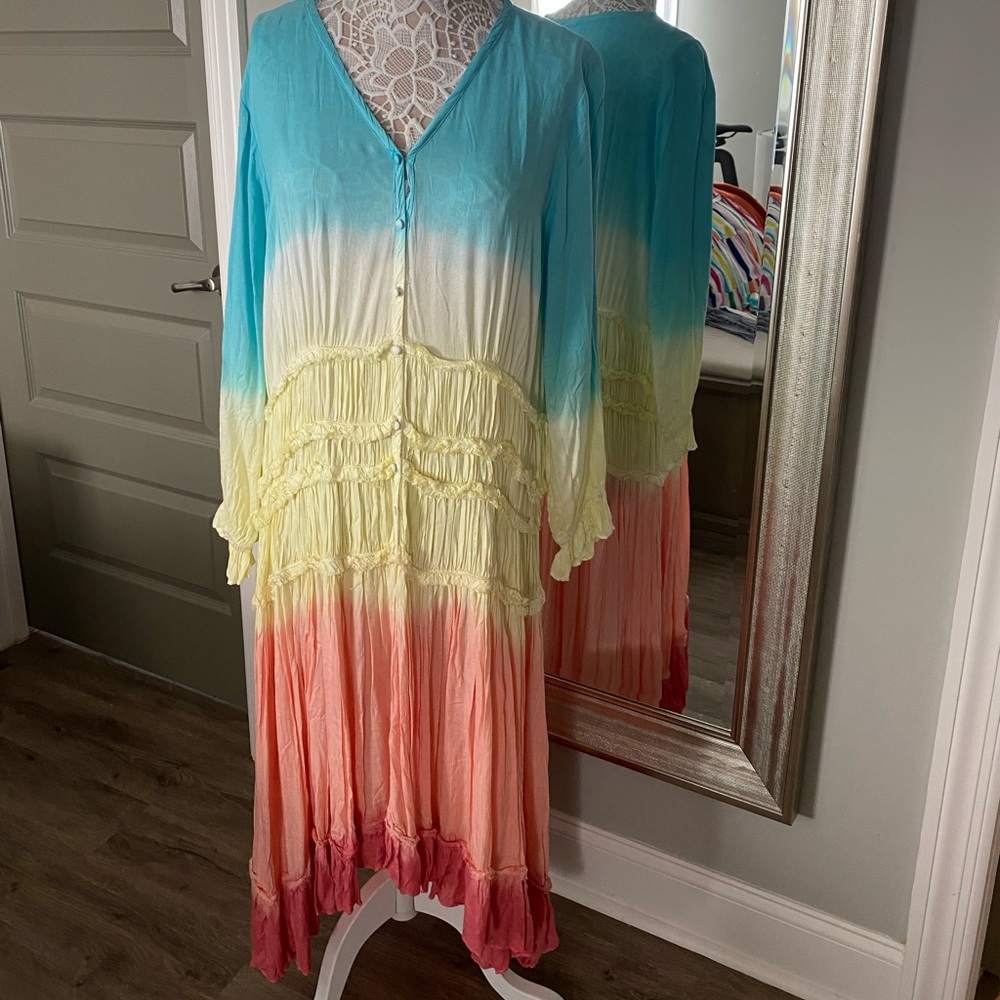 For the Republic mid length rainbow dress with ruffles